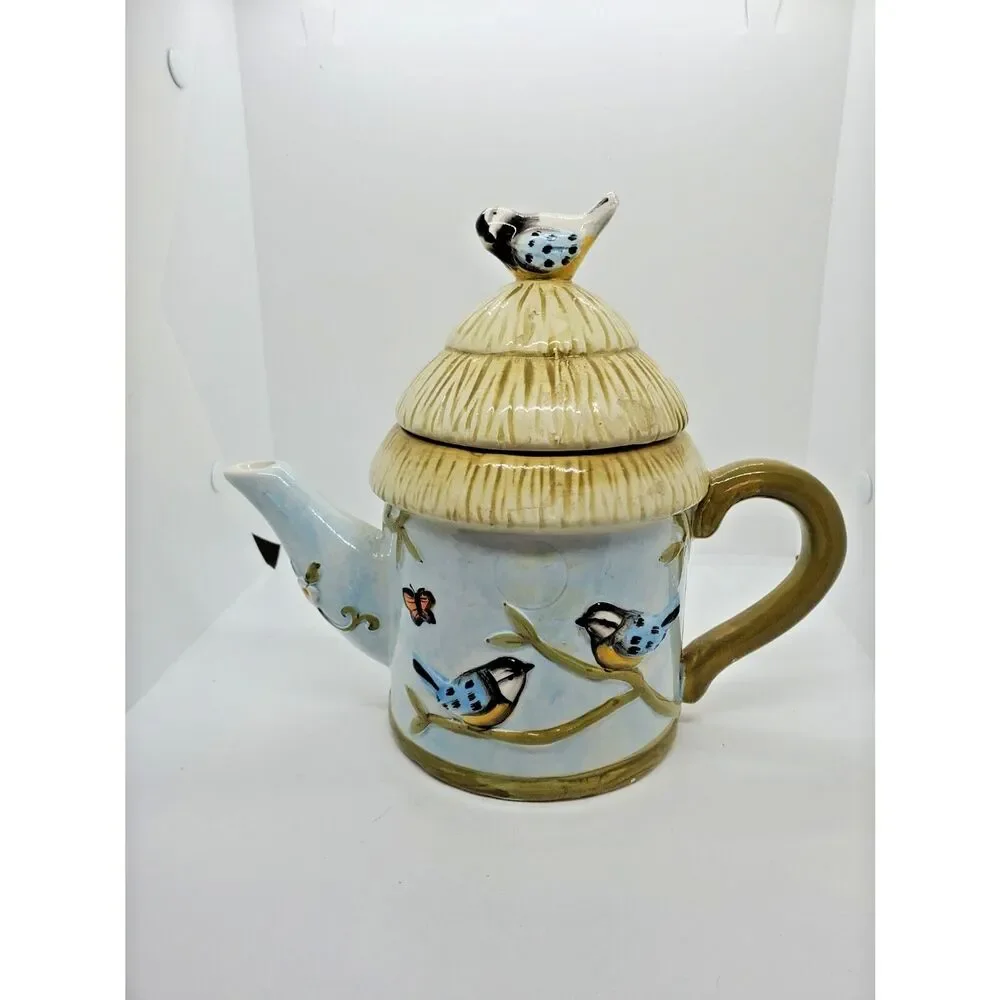 Vintage Bird Teapot Cottagecore Thatched Roof Hand Painted Cottage Tea Pot 6.5